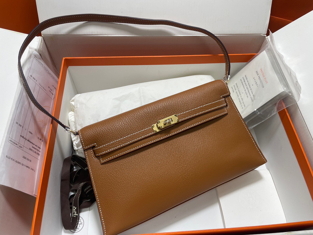 Hermes Kelly Elan Shoulder Bag in Brown Chevre Leather